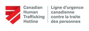 Logo for the Canadian Human Trafficking Hotline. It features a stylised red ribbon folded into a shield-like shape with two white diagonal lines.
