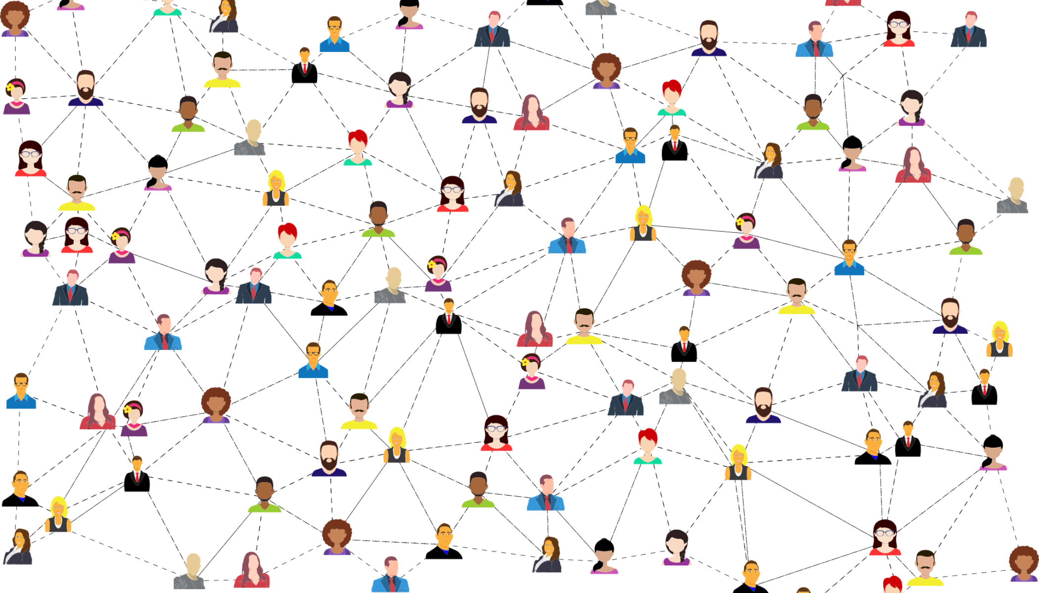 Illustration of diverse cartoon people connected by dotted lines, forming a large, overlapping network on a white background, representing social connections or a community network.