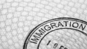 Close-up of a black circular stamp with the word IMMIGRATION on a textured, patterned background, suggesting a passport or official document related to border control or travel.