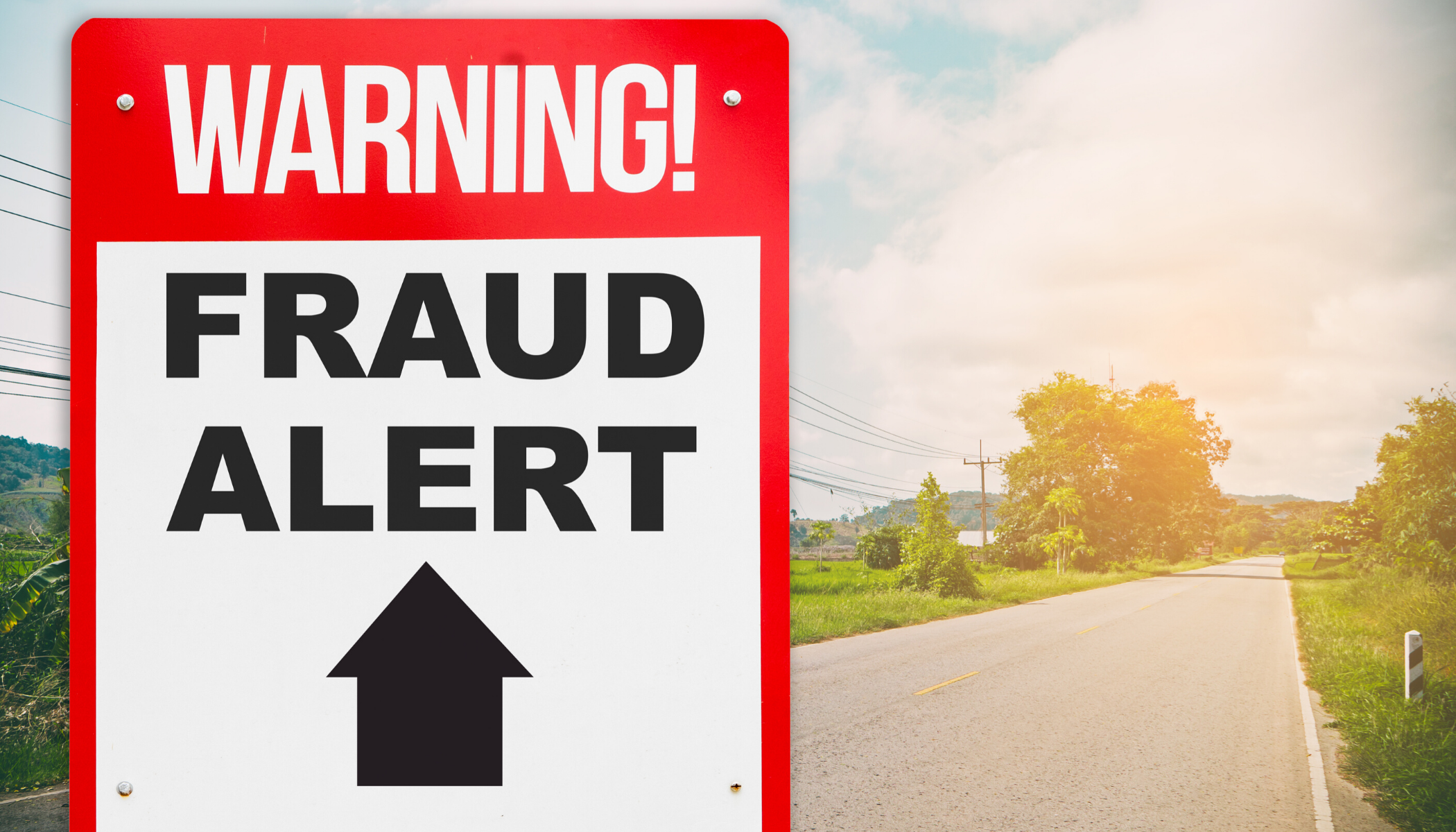 A roadside sign with a red header that says WARNING! and a white section below with the text FRAUD ALERT and a black upward-pointing arrow. The background shows a country road and green trees under a partly cloudy sky.
