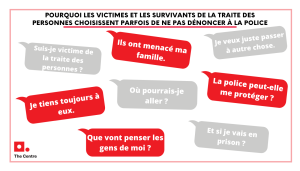 A French-language infographic showing reasons victims and survivors of human trafficking may not report to police, with speech bubbles expressing concerns like threats, fear, shame, lack of protection, and uncertainty.