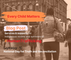 A woman wearing a jacket with a feather design stands among blurred pedestrians on a city street. Text overlays promote a blog post about supports for Indigenous victims of human trafficking and note September 30 as National Day for Truth and Reconciliation.