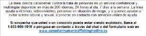 Text in Spanish explaining the confidential Canadian Human Trafficking Hotline, available in over 200 languages, 24/7, with contact information including a phone number and website link.