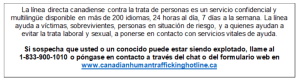 A Spanish-language notice about the Canadian Human Trafficking Hotline, describing its confidential, multilingual services available 24/7, with contact information including a phone number and website link.