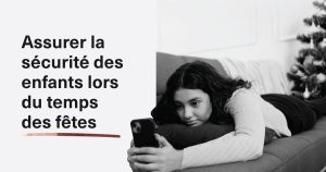 Graphic showing the text “Keep Kids Safe: Holiday Conversations That Matter” beside a black-and-white photo of a young person lying on a couch and looking at a smartphone. A decorated holiday tree is visible in the background.
