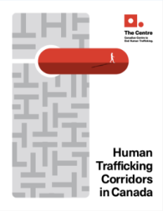 Cover page of a report titled Human Trafficking Corridors in Canada, featuring a maze-like gray pattern, a red path with a small walking figure, and The Canadian Centre to End Human Trafficking logo in the top right.