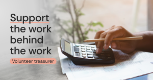 Graphic with the text “Support the work behind the work” and “Volunteer treasurer.” A person uses a calculator while holding a pencil over financial documents. The Canadian Centre to End Human Trafficking is recruiting a volunteer treasurer for its Board of Directors.